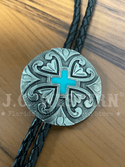 Fashionwest 2427 Round Concho With Cross Western Bolo Tie Turquoise close up. If you need any assistance with this item or the purchase of this item please call us at five six one seven four eight eight eight zero one Monday through Saturday 10:00a.m EST to 8:00 p.m EST