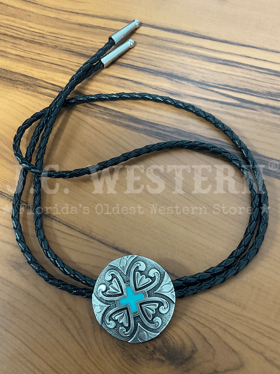 Fashionwest 2427 Round Concho With Cross Western Bolo Tie Turquoise front view. If you need any assistance with this item or the purchase of this item please call us at five six one seven four eight eight eight zero one Monday through Saturday 10:00a.m EST to 8:00 p.m EST