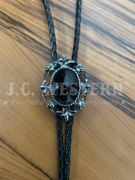 Fashionwest 1149B Western Bolo Tie Black close up. If you need any assistance with this item or the purchase of this item please call us at five six one seven four eight eight eight zero one Monday through Saturday 10:00a.m EST to 8:00 p.m EST