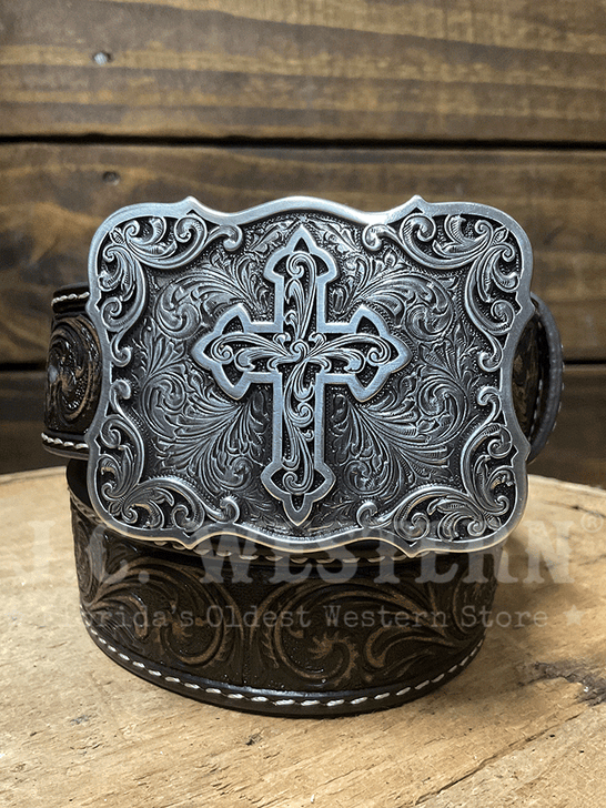 Nocona N4443102 Kids Embossed Cross Belt Brown front view. If you need any assistance with this item or the purchase of this item please call us at five six one seven four eight eight eight zero one Monday through Saturday 10:00a.m EST to 8:00 p.m EST