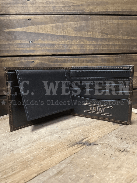 Ariat A3566502 Mens Bifold Pass Case Wallet Brown inside view. If you need any assistance with this item or the purchase of this item please call us at five six one seven four eight eight eight zero one Monday through Saturday 10:00a.m EST to 8:00 p.m EST