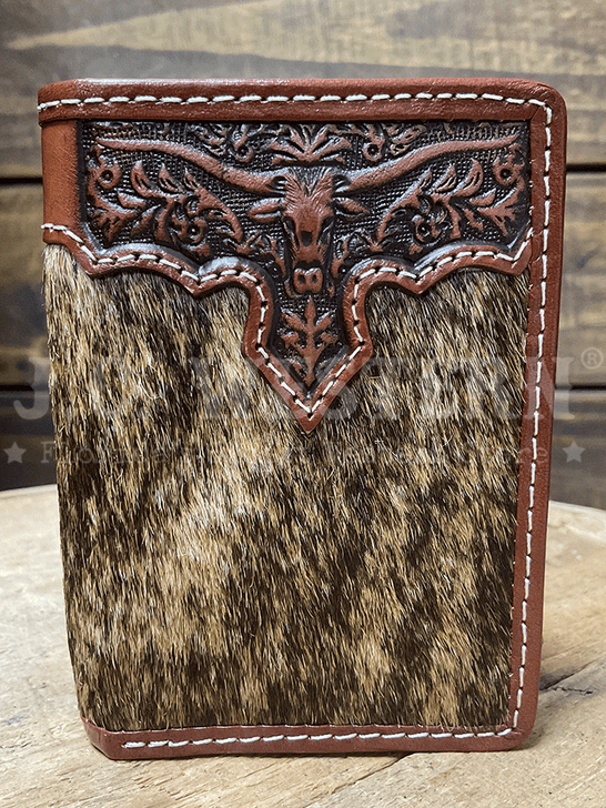 Nocona N500048402 Mens LongHorn Trifold Wallet Brown front view. If you need any assistance with this item or the purchase of this item please call us at five six one seven four eight eight eight zero one Monday through Saturday 10:00a.m EST to 8:00 p.m EST