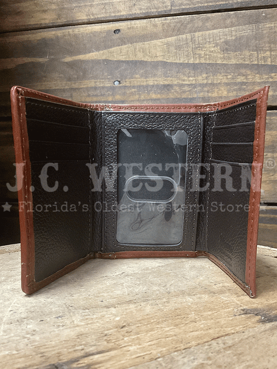 Nocona N500048402 Mens LongHorn Trifold Wallet Brown inside view. If you need any assistance with this item or the purchase of this item please call us at five six one seven four eight eight eight zero one Monday through Saturday 10:00a.m EST to 8:00 p.m EST