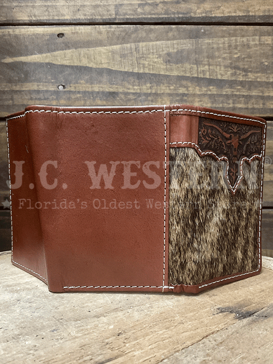 Nocona N500048402 Mens LongHorn Trifold Wallet Brown outside view. If you need any assistance with this item or the purchase of this item please call us at five six one seven four eight eight eight zero one Monday through Saturday 10:00a.m EST to 8:00 p.m EST