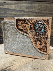 Nocona N500049008 Mens Tooled Overlay Feather Concho Bifold Wallet Tan front view. If you need any assistance with this item or the purchase of this item please call us at five six one seven four eight eight eight zero one Monday through Saturday 10:00a.m EST to 8:00 p.m EST