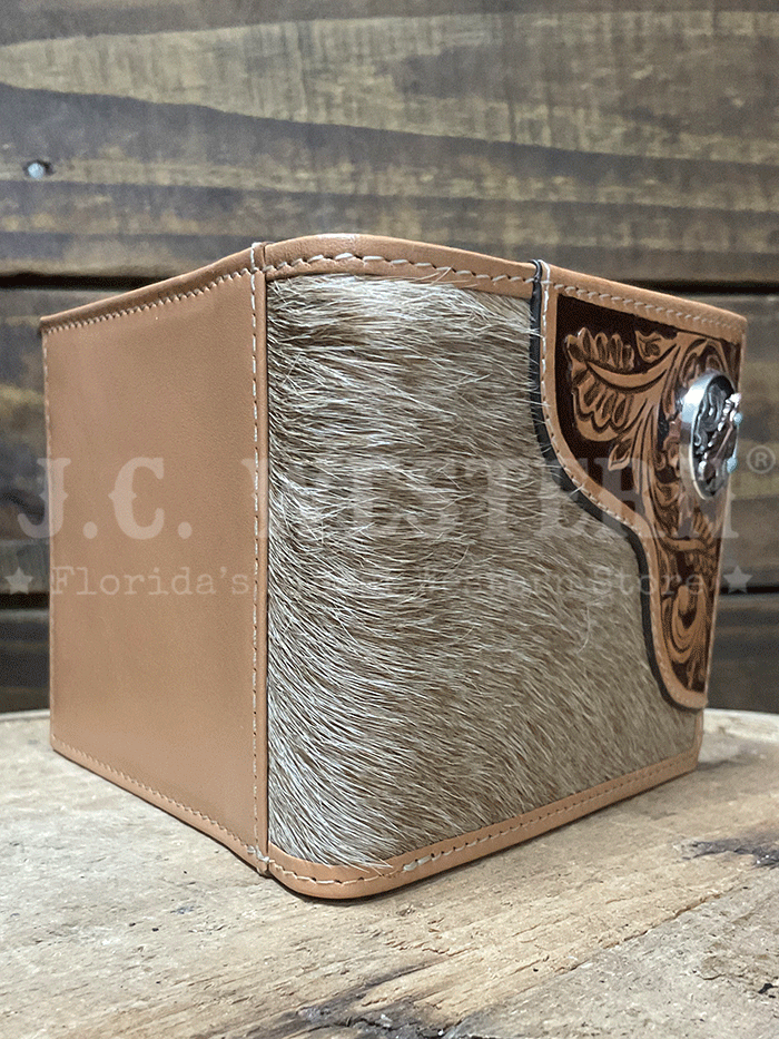 Nocona N500049008 Mens Tooled Overlay Feather Concho Bifold Wallet Tan front view. If you need any assistance with this item or the purchase of this item please call us at five six one seven four eight eight eight zero one Monday through Saturday 10:00a.m EST to 8:00 p.m EST