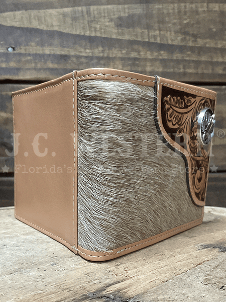Nocona N500049008 Mens Tooled Overlay Feather Concho Bifold Wallet Tan outside view. If you need any assistance with this item or the purchase of this item please call us at five six one seven four eight eight eight zero one Monday through Saturday 10:00a.m EST to 8:00 p.m EST