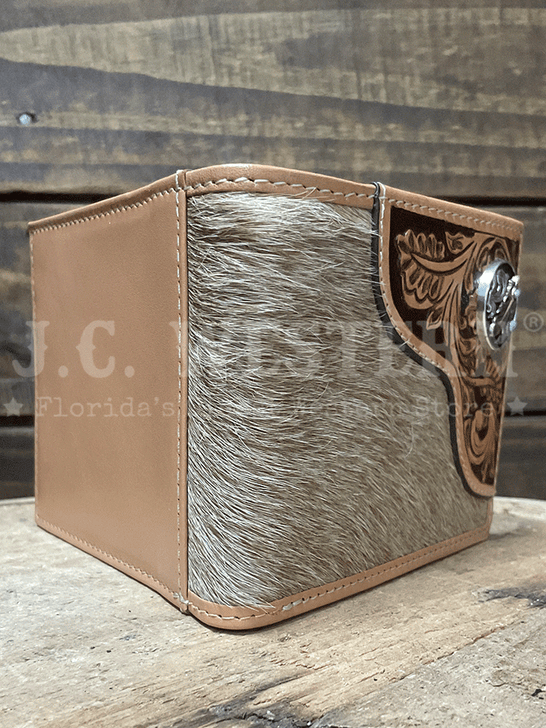 Nocona N500049008 Mens Tooled Overlay Feather Concho Bifold Wallet Tan outside view. If you need any assistance with this item or the purchase of this item please call us at five six one seven four eight eight eight zero one Monday through Saturday 10:00a.m EST to 8:00 p.m EST