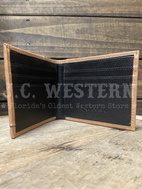 Nocona N500049008 Mens Tooled Overlay Feather Concho Bifold Wallet Tan inside view. If you need any assistance with this item or the purchase of this item please call us at five six one seven four eight eight eight zero one Monday through Saturday 10:00a.m EST to 8:00 p.m EST