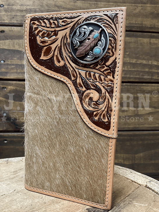 Nocona N500048808 Mens Tooled Overlay Feather Concho Rodeo Wallet Tan front view. If you need any assistance with this item or the purchase of this item please call us at five six one seven four eight eight eight zero one Monday through Saturday 10:00a.m EST to 8:00 p.m EST