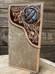 Nocona N500048808 Mens Tooled Overlay Feather Concho Rodeo Wallet Tan front view. If you need any assistance with this item or the purchase of this item please call us at five six one seven four eight eight eight zero one Monday through Saturday 10:00a.m EST to 8:00 p.m EST