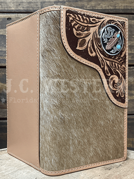 Nocona N500048808 Mens Tooled Overlay Feather Concho Rodeo Wallet Tan outside view. If you need any assistance with this item or the purchase of this item please call us at five six one seven four eight eight eight zero one Monday through Saturday 10:00a.m EST to 8:00 p.m EST