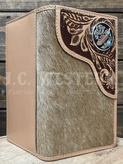 Nocona N500048808 Mens Tooled Overlay Feather Concho Rodeo Wallet Tan outside view. If you need any assistance with this item or the purchase of this item please call us at five six one seven four eight eight eight zero one Monday through Saturday 10:00a.m EST to 8:00 p.m EST
