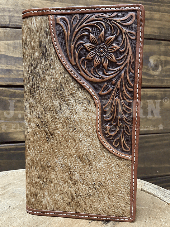 Nocona N500045502 Mens Calf Hair Tooled Tab Rodeo Wallet Brown front view. If you need any assistance with this item or the purchase of this item please call us at five six one seven four eight eight eight zero one Monday through Saturday 10:00a.m EST to 8:00 p.m EST