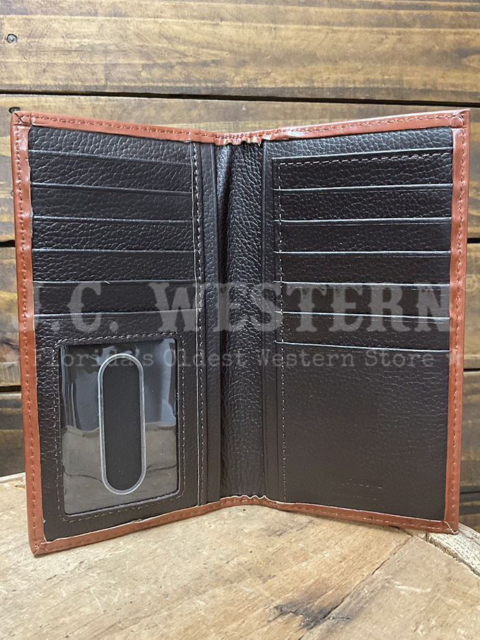 Nocona N500045502 Mens Calf Hair Tooled Tab Rodeo Wallet Brown front view. If you need any assistance with this item or the purchase of this item please call us at five six one seven four eight eight eight zero one Monday through Saturday 10:00a.m EST to 8:00 p.m EST