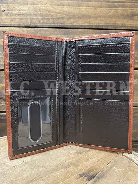 Nocona N500045502 Mens Calf Hair Tooled Tab Rodeo Wallet Brown inside view. If you need any assistance with this item or the purchase of this item please call us at five six one seven four eight eight eight zero one Monday through Saturday 10:00a.m EST to 8:00 p.m EST