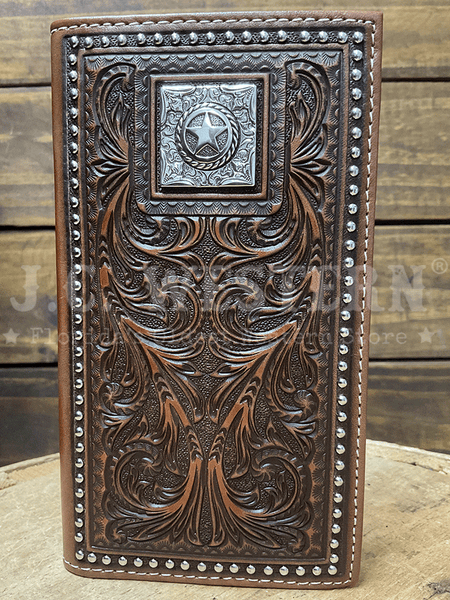 Nocona N5410402 Mens Hand Tooled And Star Concho Leather Wallet Brown front view. If you need any assistance with this item or the purchase of this item please call us at five six one seven four eight eight eight zero one Monday through Saturday 10:00a.m EST to 8:00 p.m EST