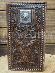 Nocona N5410402 Mens Hand Tooled And Star Concho Leather Wallet Brown front view. If you need any assistance with this item or the purchase of this item please call us at five six one seven four eight eight eight zero one Monday through Saturday 10:00a.m EST to 8:00 p.m EST