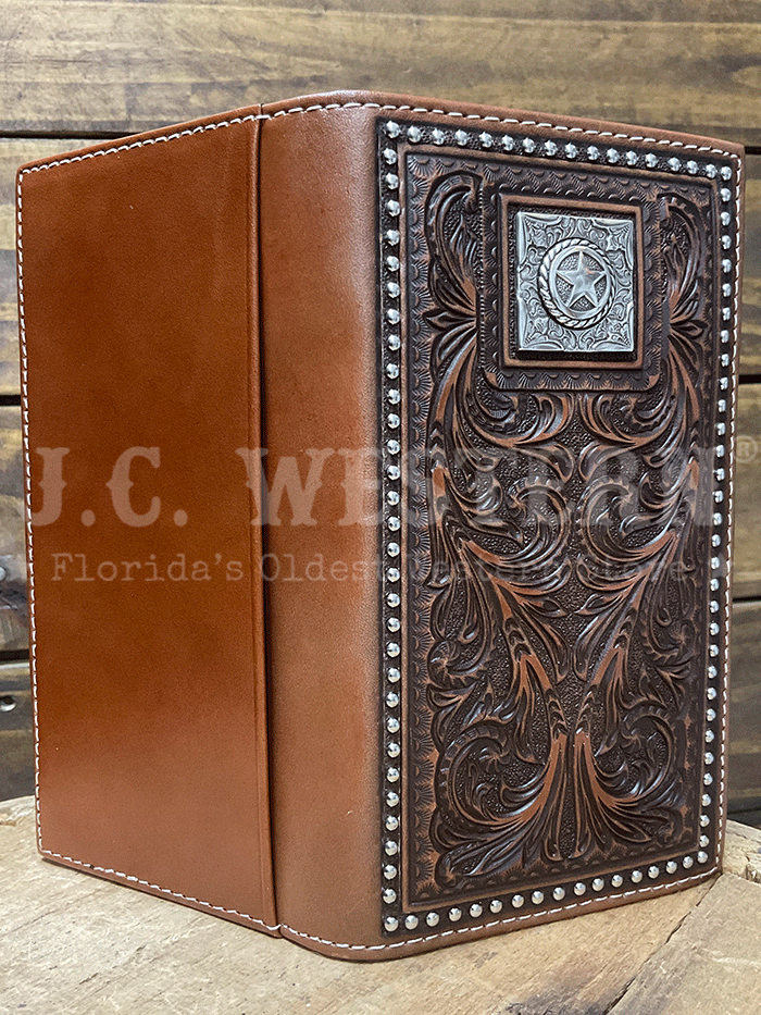 Nocona N5410402 Mens Hand Tooled And Star Concho Leather Wallet Brown front view. If you need any assistance with this item or the purchase of this item please call us at five six one seven four eight eight eight zero one Monday through Saturday 10:00a.m EST to 8:00 p.m EST