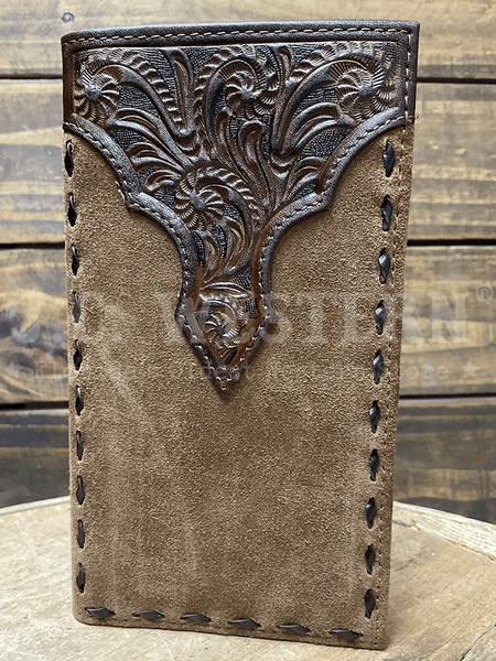 Nocona N500044008 Mens Roughout Buck Lacing Rodeo Wallet Tan Bark front view. If you need any assistance with this item or the purchase of this item please call us at five six one seven four eight eight eight zero one Monday through Saturday 10:00a.m EST to 8:00 p.m EST
