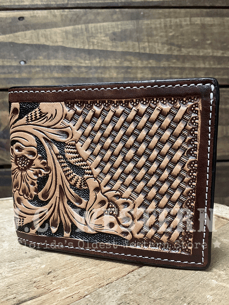 3D D250014108 Mens Hand Tooled Floral Basketweave Bifold Wallet Tan front view. If you need any assistance with this item or the purchase of this item please call us at five six one seven four eight eight eight zero one Monday through Saturday 10:00a.m EST to 8:00 p.m EST 