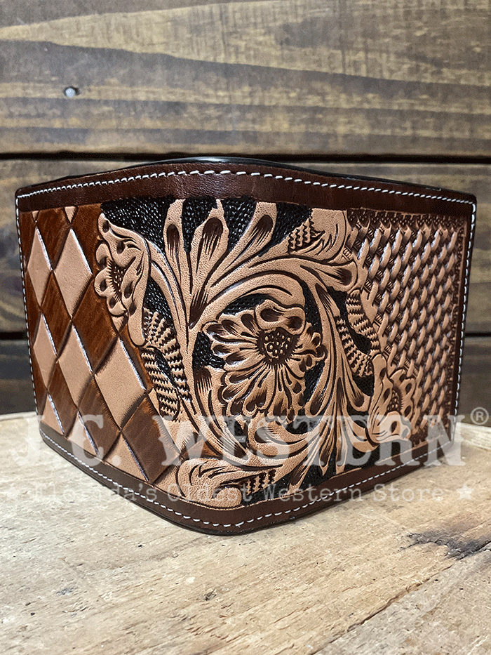 3D D250014108 Mens Hand Tooled Floral Basketweave Bifold Wallet Tan front view. If you need any assistance with this item or the purchase of this item please call us at five six one seven four eight eight eight zero one Monday through Saturday 10:00a.m EST to 8:00 p.m EST 