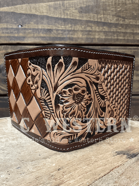 3D D250014108 Mens Hand Tooled Floral Basketweave Bifold Wallet Tan outside view. If you need any assistance with this item or the purchase of this item please call us at five six one seven four eight eight eight zero one Monday through Saturday 10:00a.m EST to 8:00 p.m EST