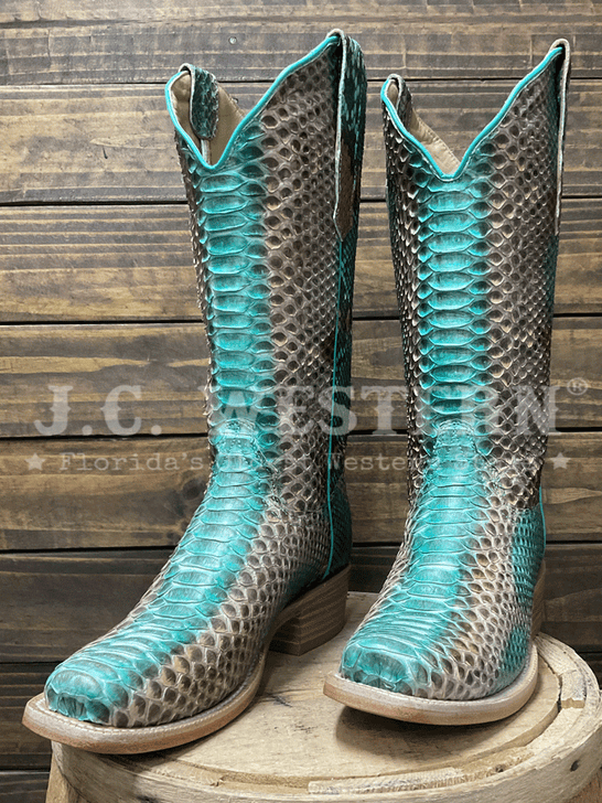 R.Watson RWL7204-1 Ladies Python Western Boot Teal And Copper front / side view. If you need any assistance with this item or the purchase of this item please call us at five six one seven four eight eight eight zero one Monday through Saturday 10:00a.m EST to 8:00 p.m EST