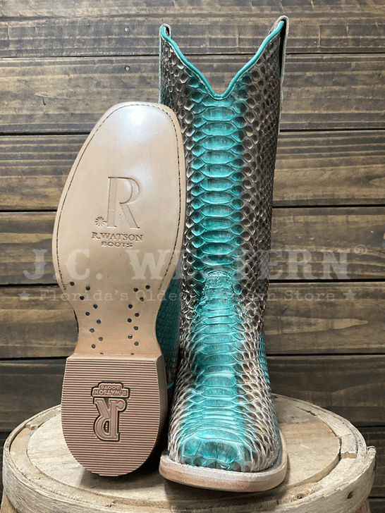 R.Watson RWL7204-1 Ladies Python Western Boot Teal And Copper sole and front view. If you need any assistance with this item or the purchase of this item please call us at five six one seven four eight eight eight zero one Monday through Saturday 10:00a.m EST to 8:00 p.m EST