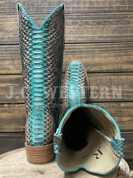 R.Watson RWL7204-1 Ladies Python Western Boot Teal And Copper back and toe view. If you need any assistance with this item or the purchase of this item please call us at five six one seven four eight eight eight zero one Monday through Saturday 10:00a.m EST to 8:00 p.m EST