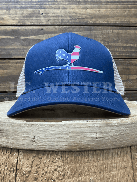 Beach & Barn SURFING ROOSTER Snapback Hat Navy Stars & Stripes front view. If you need any assistance with this item or the purchase of this item please call us at five six one seven four eight eight eight zero one Monday through Saturday 10:00a.m EST to 8:00 p.m EST