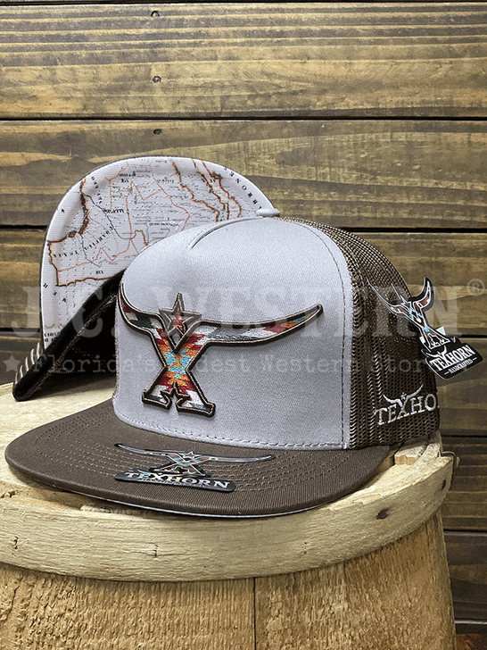 Texhorn ACUNA MAP Trucker Cap Bark side / front and brim view. If you need any assistance with this item or the purchase of this item please call us at five six one seven four eight eight eight zero one Monday through Saturday 10:00a.m EST to 8:00 p.m EST