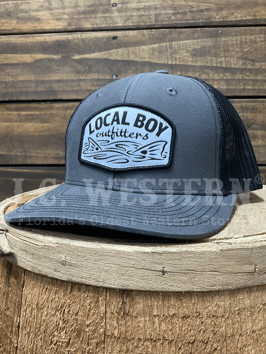 Local Boy Outfitters L3000308-CHB Fish Tails Trucker Hat Charcoal Black side / front view. If you need any assistance with this item or the purchase of this item please call us at five six one seven four eight eight eight zero one Monday through Saturday 10:00a.m EST to 8:00 p.m EST