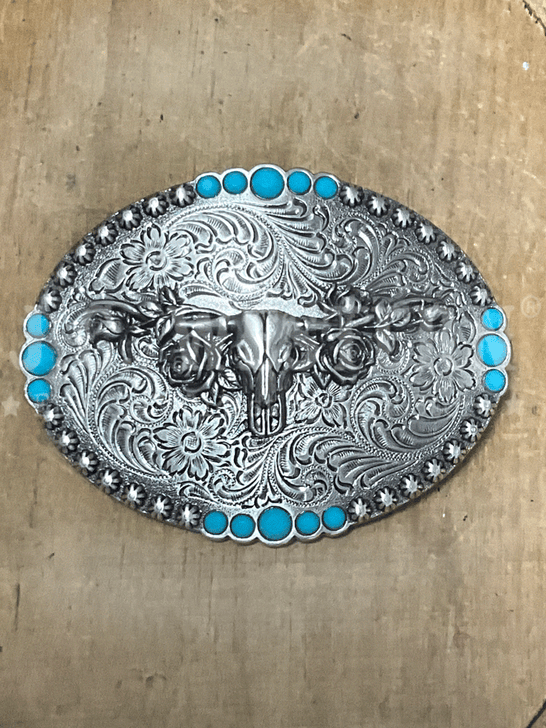 Nocona 37959 Oval Longhorn Roses Buckle Silver front view. If you need any assistance with this item or the purchase of this item please call us at five six one seven four eight eight eight zero one Monday through Saturday 10:00a.m EST to 8:00 p.m EST