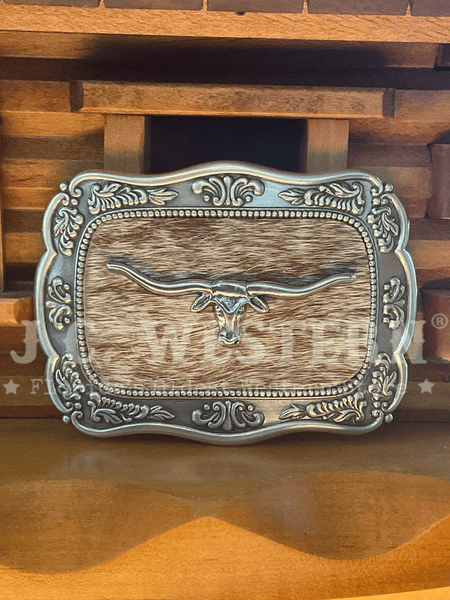 Nocona 37951 Rectangle Long Horn Calf Hair Antique Silver front view. If you need any assistance with this item or the purchase of this item please call us at five six one seven four eight eight eight zero one Monday through Saturday 10:00a.m EST to 8:00 p.m EST
