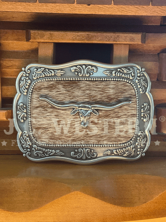 Nocona 37951 Rectangle Long Horn Calf Hair Antique Silver front view. If you need any assistance with this item or the purchase of this item please call us at five six one seven four eight eight eight zero one Monday through Saturday 10:00a.m EST to 8:00 p.m EST