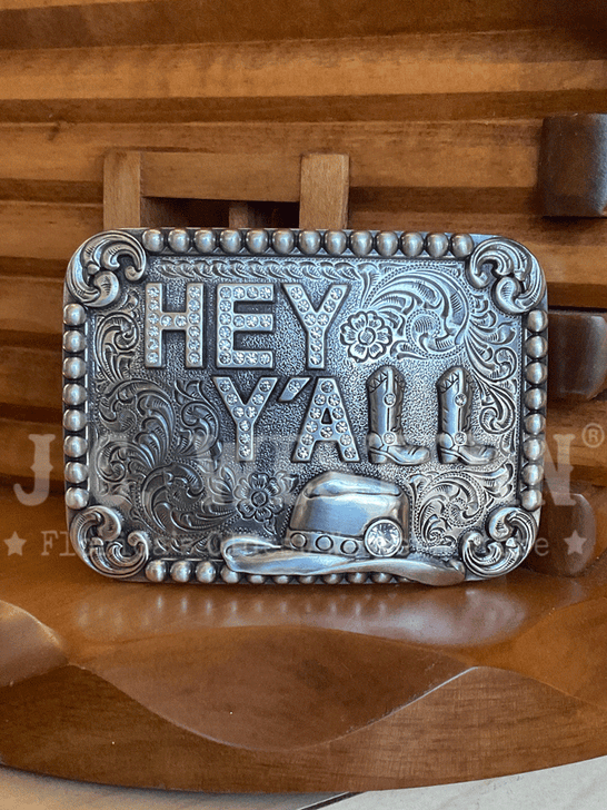 Nocona 37932 Rectangle Hey Ya'll Buckle Antique Silver front view. If you need any assistance with this item or the purchase of this item please call us at five six one seven four eight eight eight zero one Monday through Saturday 10:00a.m EST to 8:00 p.m EST