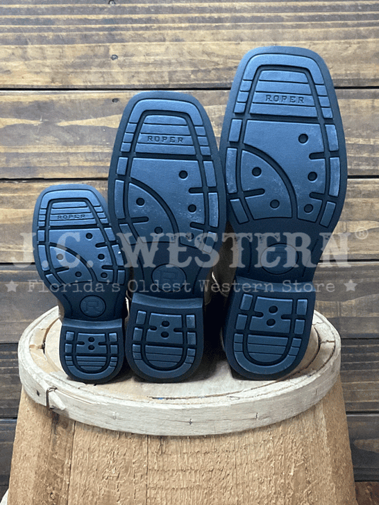 Roper 3691 Kids Luke Wide Square Toe Western Boot Tan sole view. If you need any assistance with this item or the purchase of this item please call us at five six one seven four eight eight eight zero one Monday through Saturday 10:00a.m EST to 8:00 p.m EST

