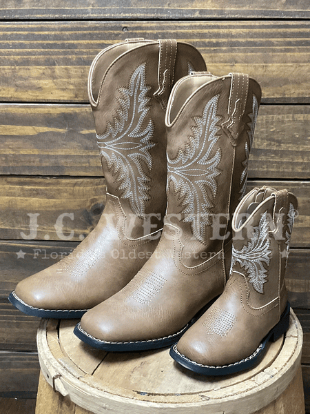 Roper 3691 Kids Luke Wide Square Toe Western Boot Tan outter side view. If you need any assistance with this item or the purchase of this item please call us at five six one seven four eight eight eight zero one Monday through Saturday 10:00a.m EST to 8:00 p.m EST