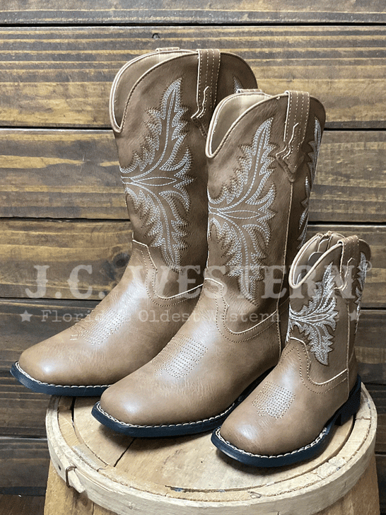Roper 3691 Kids Luke Wide Square Toe Western Boot Tan outter side view. If you need any assistance with this item or the purchase of this item please call us at five six one seven four eight eight eight zero one Monday through Saturday 10:00a.m EST to 8:00 p.m EST
