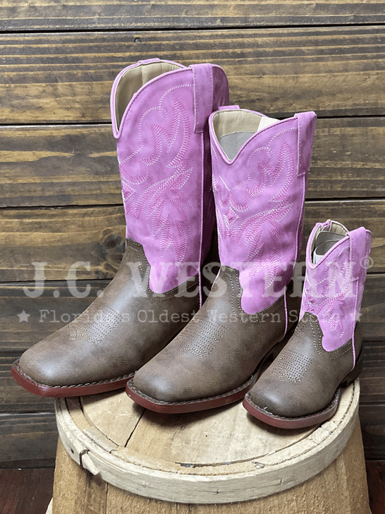 Roper 3692 Kids Gretchen Western Boot Pink Brown outter side view. If you need any assistance with this item or the purchase of this item please call us at five six one seven four eight eight eight zero one Monday through Saturday 10:00a.m EST to 8:00 p.m EST
