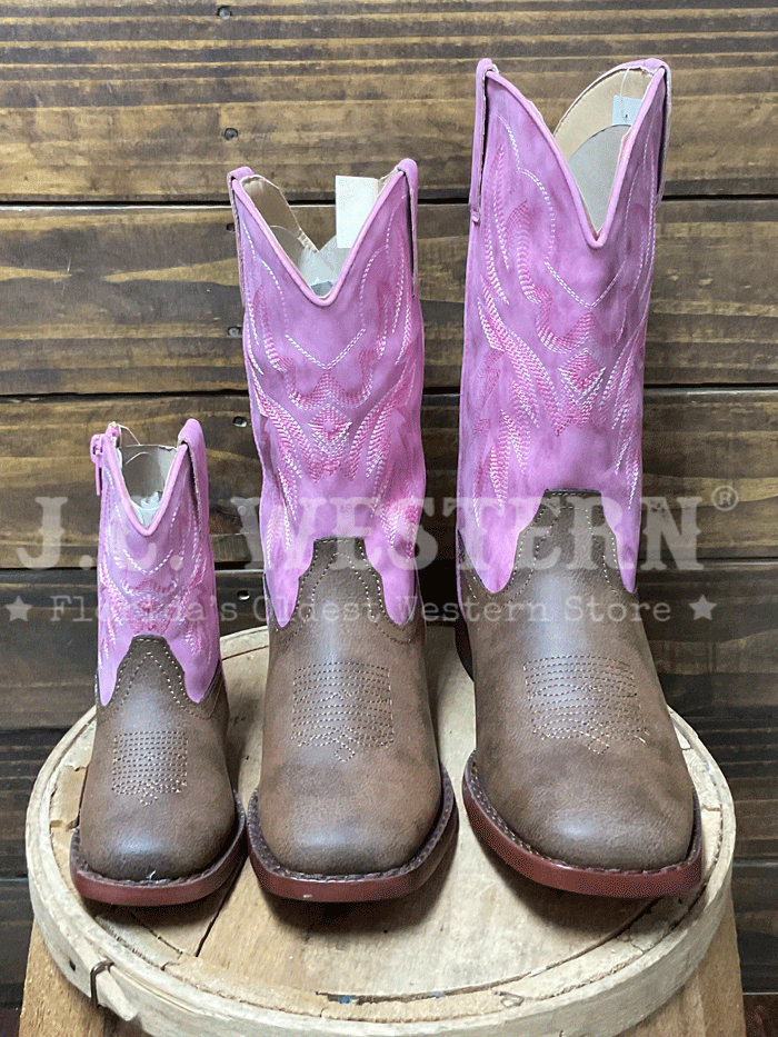 Roper 3692 Kids Gretchen Western Boot Pink Brown outter side view. If you need any assistance with this item or the purchase of this item please call us at five six one seven four eight eight eight zero one Monday through Saturday 10:00a.m EST to 8:00 p.m EST
