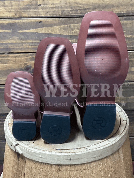 Roper 3692 Kids Gretchen Western Boot Pink Brown sole view. If you need any assistance with this item or the purchase of this item please call us at five six one seven four eight eight eight zero one Monday through Saturday 10:00a.m EST to 8:00 p.m EST
