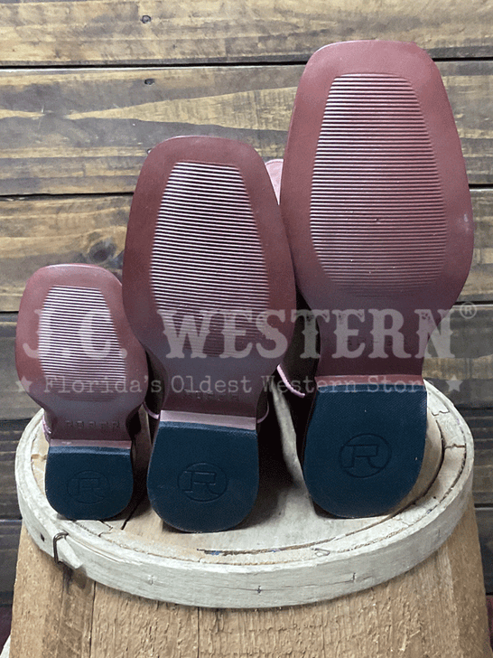 Roper 3692 Kids Gretchen Western Boot Pink Brown sole view. If you need any assistance with this item or the purchase of this item please call us at five six one seven four eight eight eight zero one Monday through Saturday 10:00a.m EST to 8:00 p.m EST
