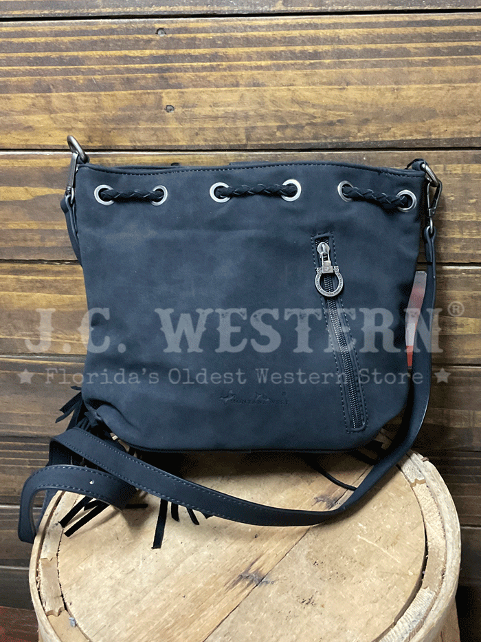 Montana West MW1349-8311BK Womens Hair On Cowhide Drawstring Crossbody Bucket Bag Black front view. If you need any assistance with this item or the purchase of this item please call us at five six one seven four eight eight eight zero one Monday through Saturday 10:00a.m EST to 8:00 p.m EST