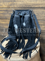 Montana West MW1349-8311BK Womens Hair On Cowhide Drawstring Crossbody Bucket Bag Black front view. If you need any assistance with this item or the purchase of this item please call us at five six one seven four eight eight eight zero one Monday through Saturday 10:00a.m EST to 8:00 p.m EST