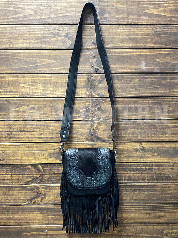 Trinity Ranch TR187-8360BK Womens Genuine Hair On Cowhide Tooled Fringe Crossbody Bag Black front view. If you need any assistance with this item or the purchase of this item please call us at five six one seven four eight eight eight zero one Monday through Saturday 10:00a.m EST to 8:00 p.m EST