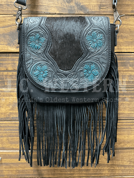 Trinity Ranch TR187-8360BK Womens Genuine Hair On Cowhide Tooled Fringe Crossbody Bag Black front view. If you need any assistance with this item or the purchase of this item please call us at five six one seven four eight eight eight zero one Monday through Saturday 10:00a.m EST to 8:00 p.m EST