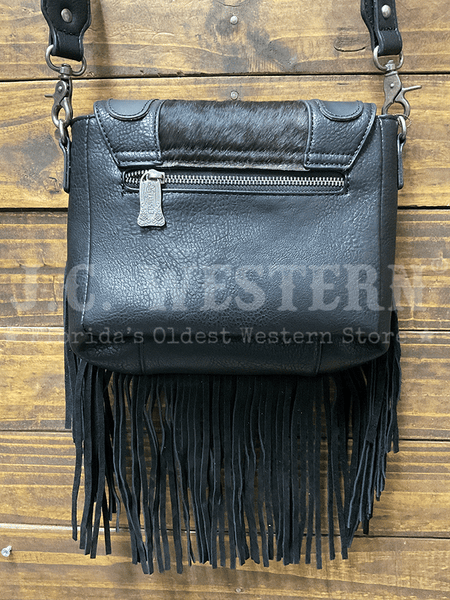 Trinity Ranch TR187-8360BK Womens Genuine Hair On Cowhide Tooled Fringe Crossbody Bag Black back view. If you need any assistance with this item or the purchase of this item please call us at five six one seven four eight eight eight zero one Monday through Saturday 10:00a.m EST to 8:00 p.m EST