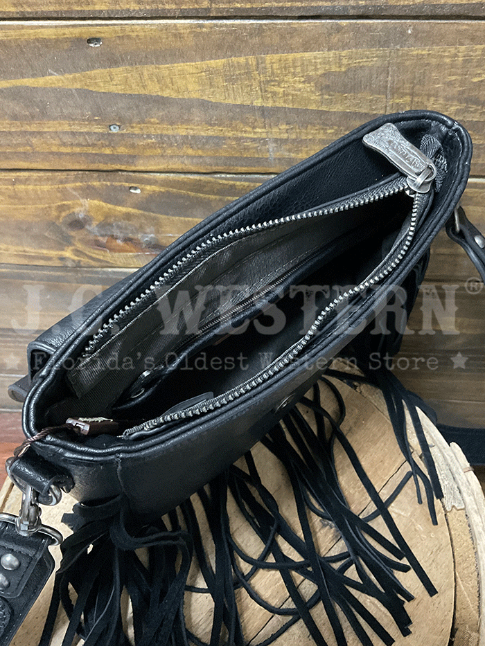 Trinity Ranch TR187-8360BK Womens Genuine Hair On Cowhide Tooled Fringe Crossbody Bag Black front view. If you need any assistance with this item or the purchase of this item please call us at five six one seven four eight eight eight zero one Monday through Saturday 10:00a.m EST to 8:00 p.m EST